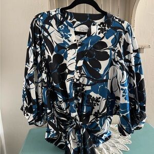 Chico's Blue, Black & White Floral Tie-Front Blouse